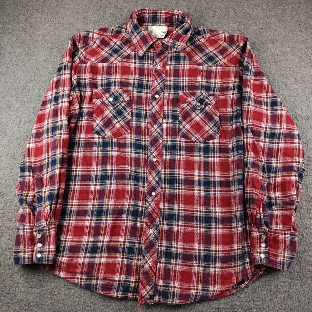 Wrangler Flannel Pearl Snap Shirt Mens XL Wrancher Red Plaid Western